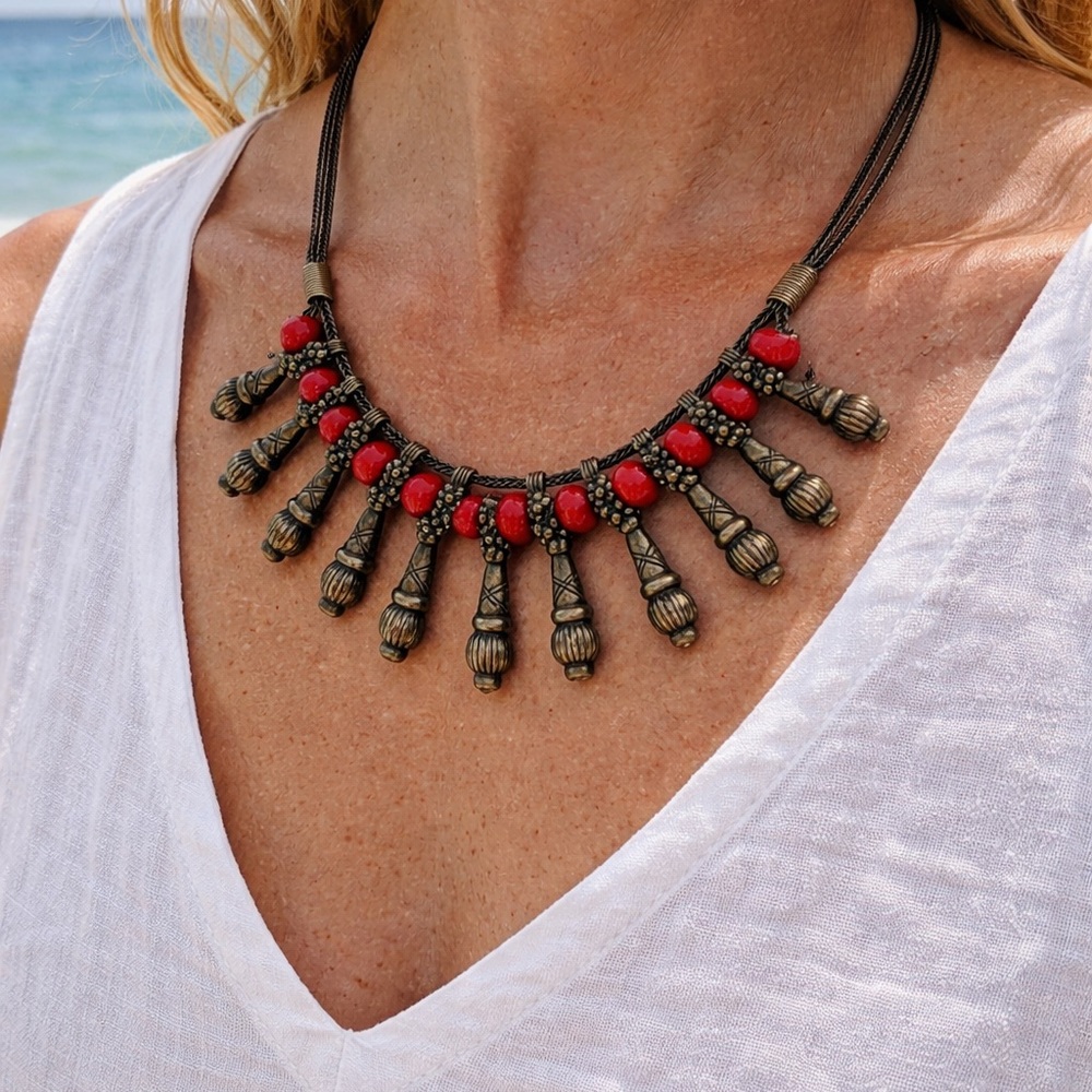 Boho Red Bead Antique Gold Statement Necklace